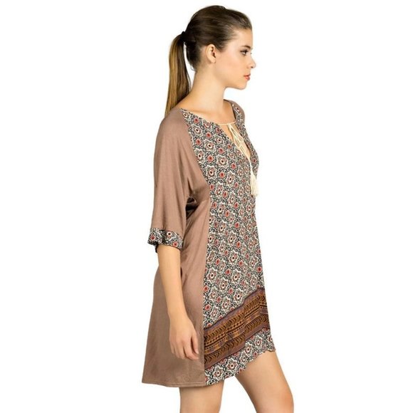 Kori America Mixed Print Tassel Tie Dress, Taupe - Picture 2 of 3